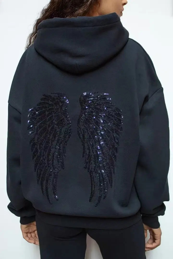 Voguable  Oversized Sequin Angel Wings Hoodie Women Men Dark Blue Streetwear Sweatshirt Y2K Gothic Hip Hop Hooded Pullover voguable