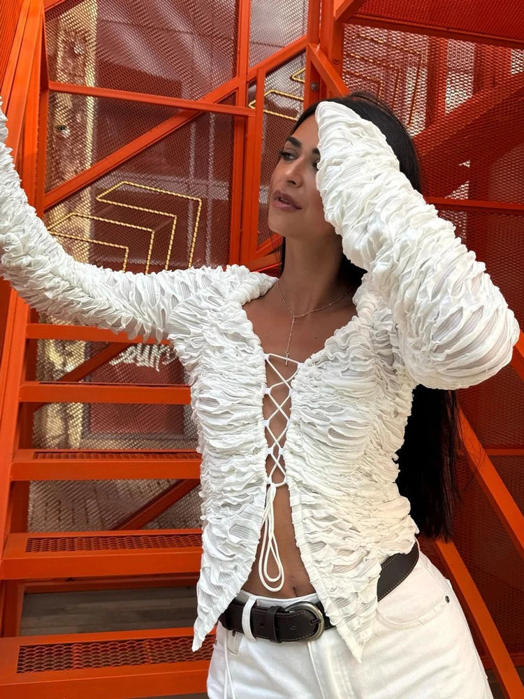Autumn Fashion Ruffled T-shirt Cropped Top Female Hollow Out Lace-Up Patchwork Loose Outwear White Women Bandage Tee Coat voguable