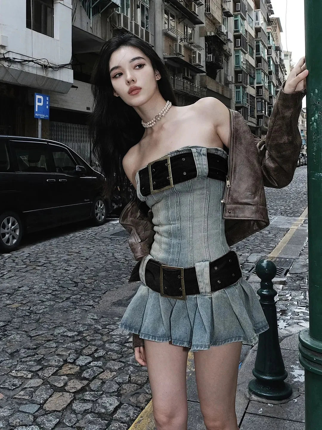 Vintage Y2k Strapless Denim Dress Women Summer Bodycon Sexy Korean Fashion Kpop Belt Pleated Mini Dress 2000s Streetwear voguable
