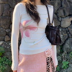 Fairy Coquette Top Women y2k Clothing Rhinestone Floral Print Round Neck Long Sleeve T Shirts 2000s Clothes Streetwear voguable