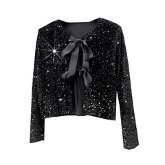 Voguable  Korean version name Warm air short version Small fragrant sequins Small suit Light ripe wind BINGBING bead lace-up bow top voguable
