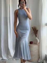 Sleeveless Party Fashion Long Dress Vestidos Solid Color Gray Blue O-neck Solid Color Fishtail Dress 2025 New Female Clothes voguable