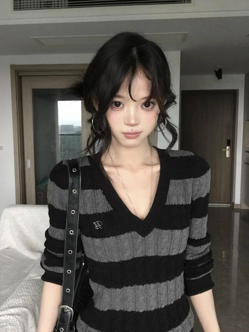 V Neck Vintage Striped Sweater Women Sexy Slim Long Sleeve Y2K Knitted Jumper American Retro Harajuku Letter Fall Pullover voguable