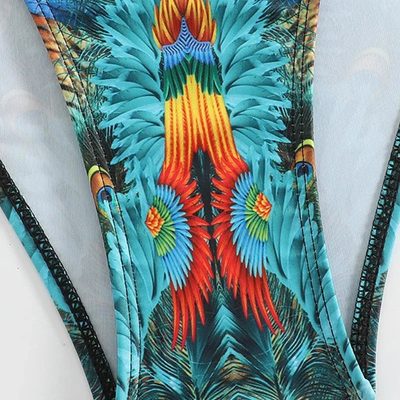 Voguable  Green Peacock Print 2-piece Bikini for Women,Summer New,rhinestone Low Waist Thong Swimsuit,underwire V-neck Bathing Suit voguable