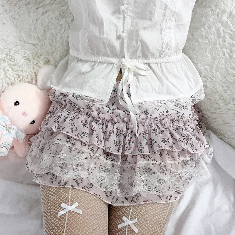 Voguable  Kawaii Floral Print Lace Stitching A-line Skirt Pink Low Waist Chiffon Skirts Y2K Coquette Lolita Skirts Soft Girls voguable