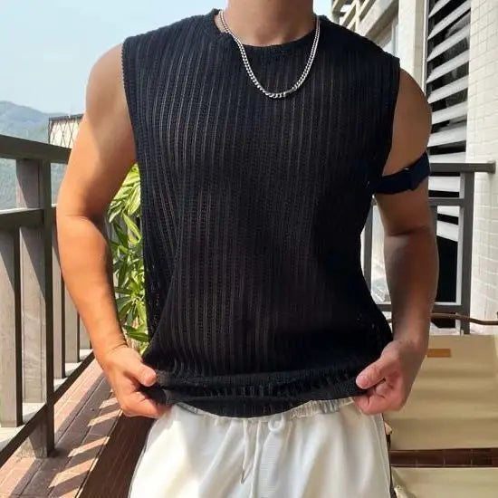 Voguable  Korean Style New Fashion Men's Clothing Hollow Out Sleeveless Tops All-match Comfortable Ventilate Tank Tops voguable