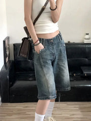 Voguable  American Retro Blue Denim Shorts Women Korean Style High Waist Biker Jeans Feminino Vintage Pants 2024 Summer Chic Streetwear voguable