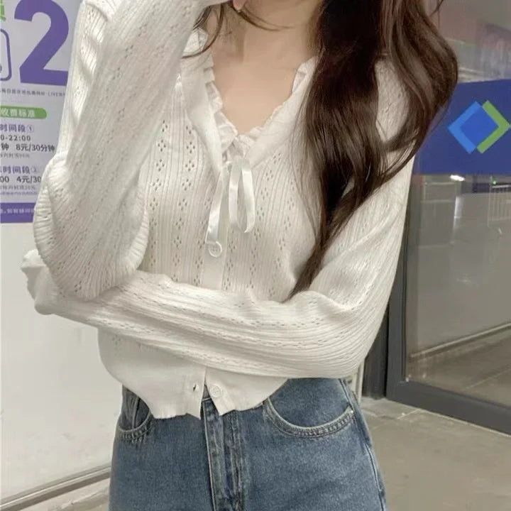 Women's Pointelle Knit Cardigan with Bow Long Sleeve Button Front Sweater Openwork Cardi Teen-girl Fairycore Balletcore Outfit voguable