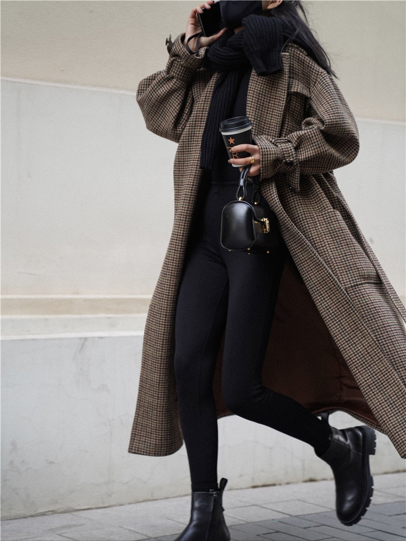 Autumn Winter Long Loose Stylish Warm Plaid Wool Blends Coat Women Sashes Luxury Designer Runway European Fashion voguable