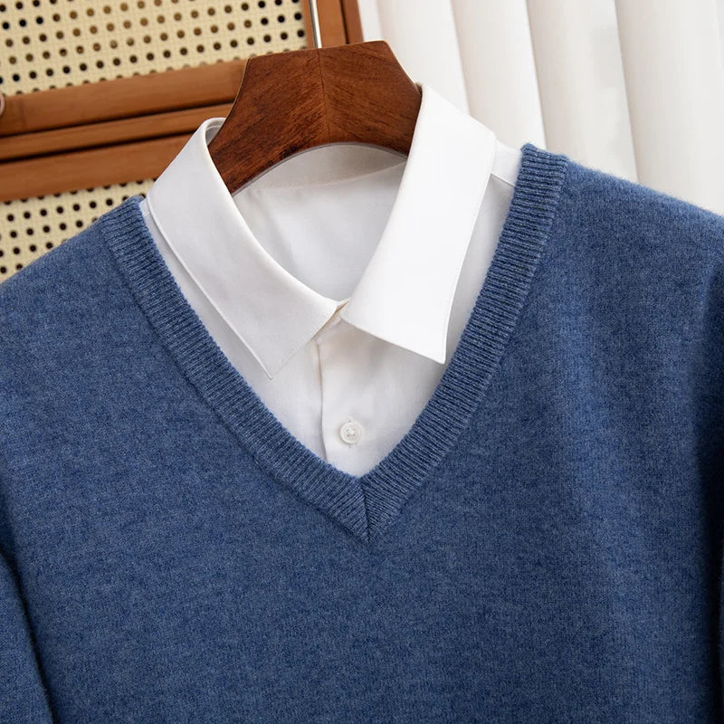 Men 100% Merino Wool Sweater V-Neck Pullover Autumn Winter Cashmere Warm Solid Knitwear Clothes Business Bottoming Soft Tops voguable