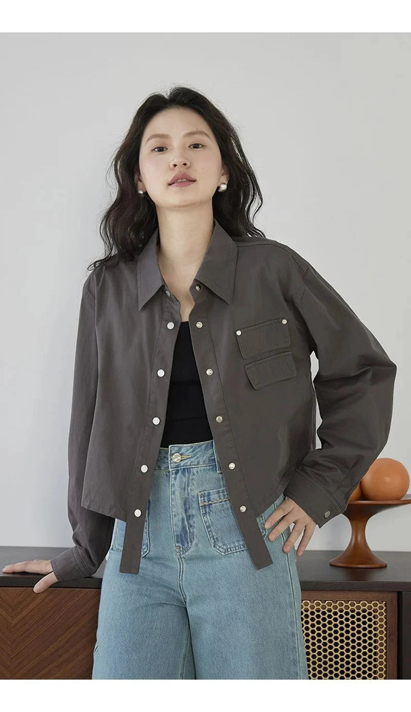 American Y2K Cargo Jacket Women Fall Casual Long Sleeve Vintage Short Coat Harajuku Turn Down Collar New Solid Hip Hop Tops voguable