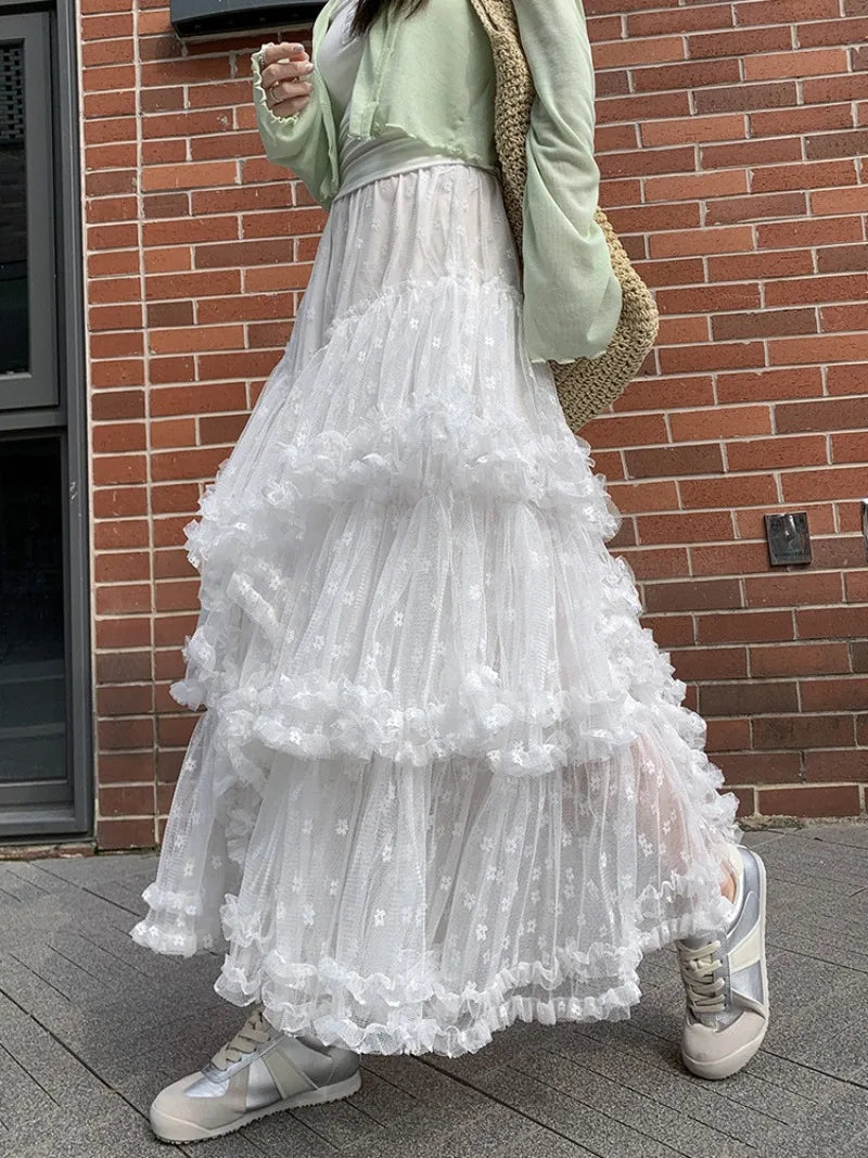 Voguable  Elegant Long Multi Layer Mesh Skirt for Women Elastic Waist A-Line Summer Skirt Woman Sweet White Lace Patchwork Cake Skirts voguable