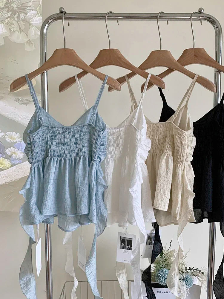 Voguable  Summer Women Sweet Halter Top Cute Core Gyaru French Vintage Camisole Coquette 2000s Aesthetic Ruffle Mori Girl Hot Sexy Kawaii voguable