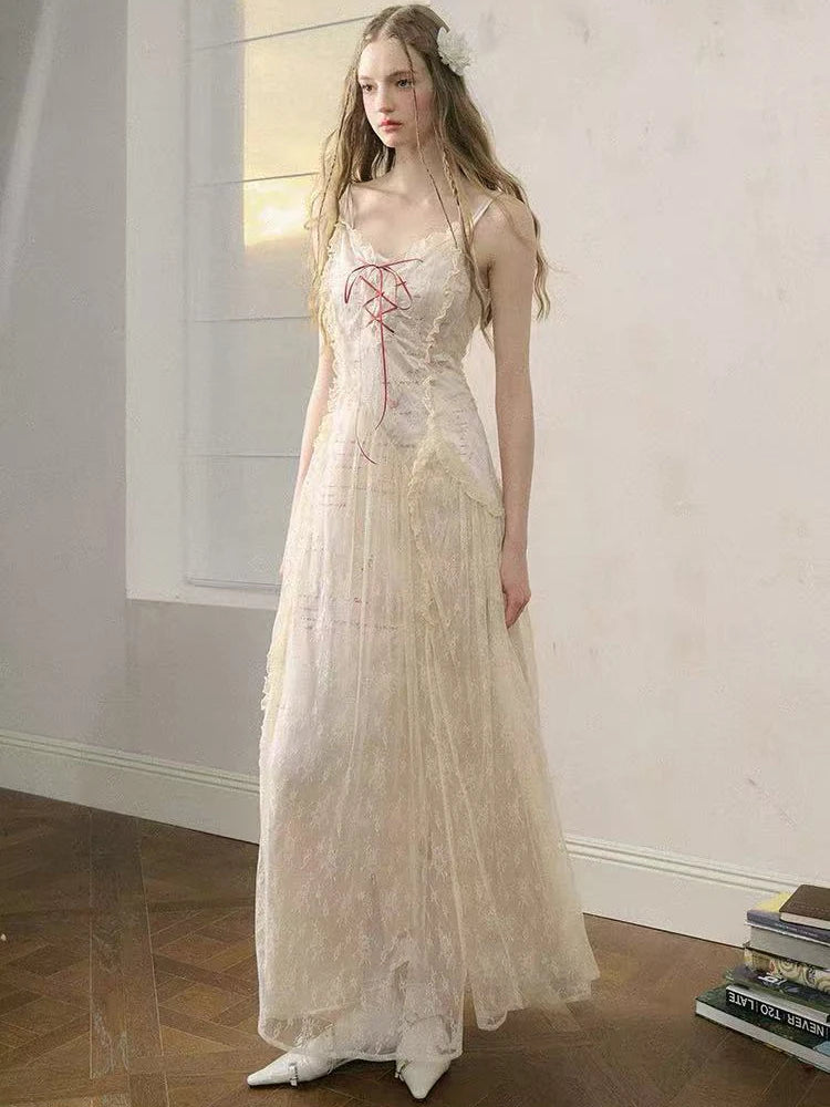 Elegant Lace Patchwork Camis Dress Women Summer Sexy Backless Hollow Out Midi Dress Y2K Fashion Lace Up Streetwear Vestidos voguable