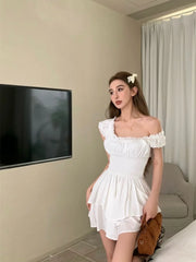 Voguable White Off Shoulder Short Sleeved Vest Dress for Women Summer Sweet Spicy Pleated Ruched Waist Boho Short Dresses Tank Dress voguable