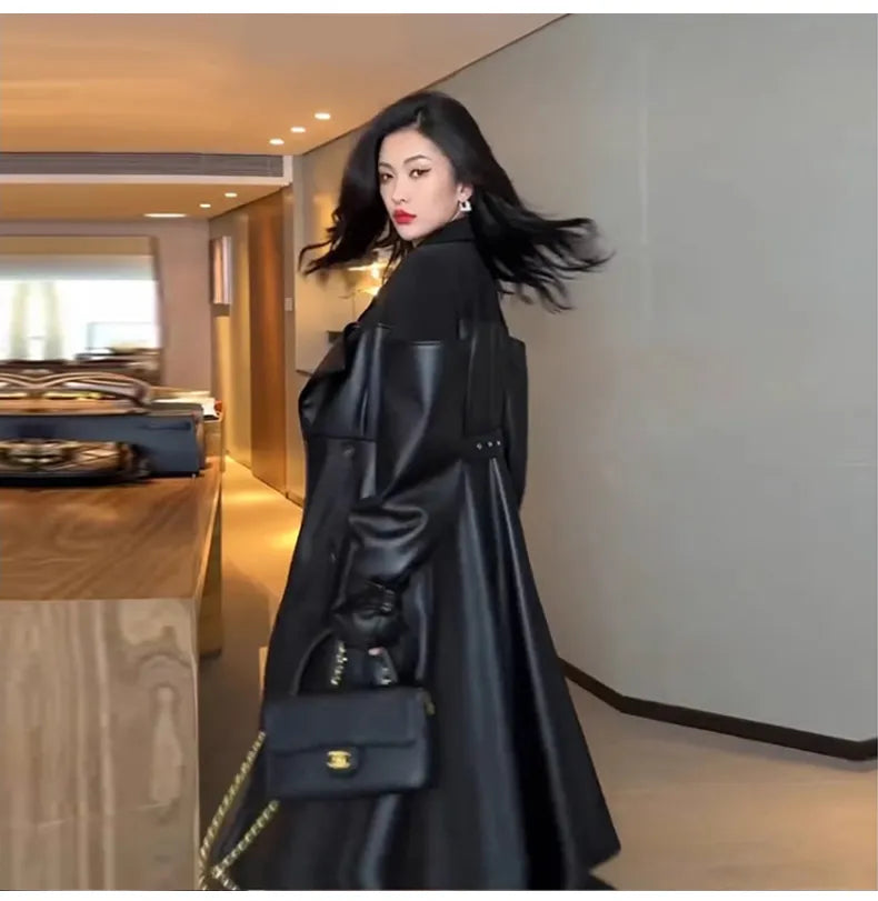 Autumn Long Black Patchwork Pu Leather Trench Coat for Women Double Breasted Loose Stylish Luxury Designer Clothing