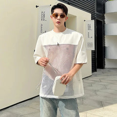 Voguable  Hollow Out Mesh Splicing Design T-shirt Short Sleeve Men's 2024 Summer Street High Quality Solid Color Trendy Tops voguable