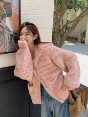 Mohair Sweet Pink Cardigan Sweater Women Elegant Lazy Wind Chic Knitted Coat Loose Long Sleeve Fashion High Quality Tops voguable