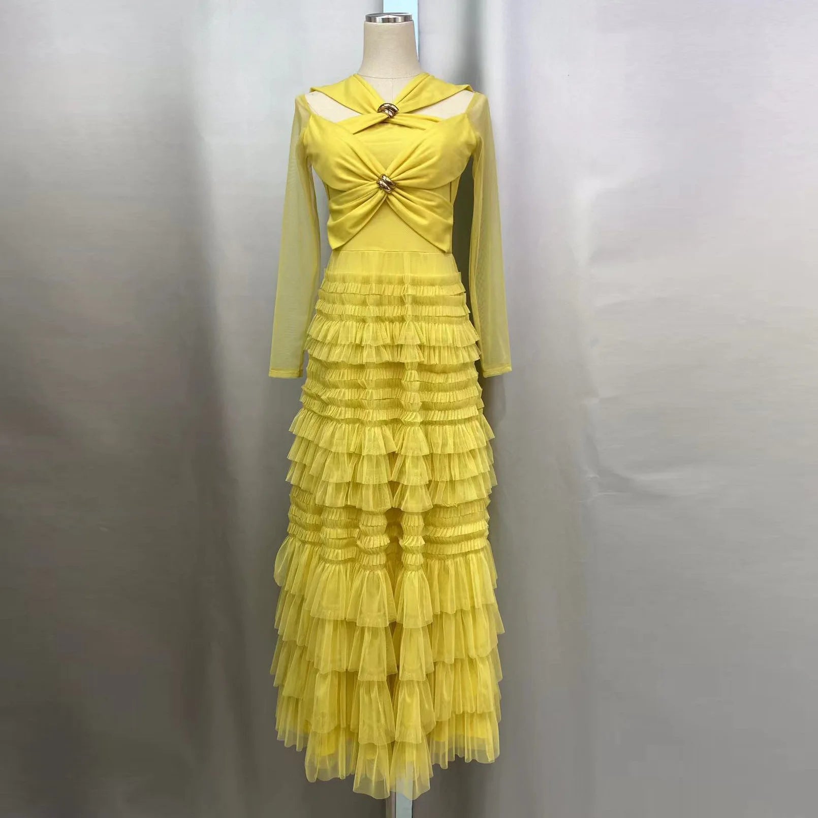 Solid Lace Mesh Spliced Dresess For Women Round Neck High Waist Long Sleeve Elegant Dress Female Spring 2025 New voguable