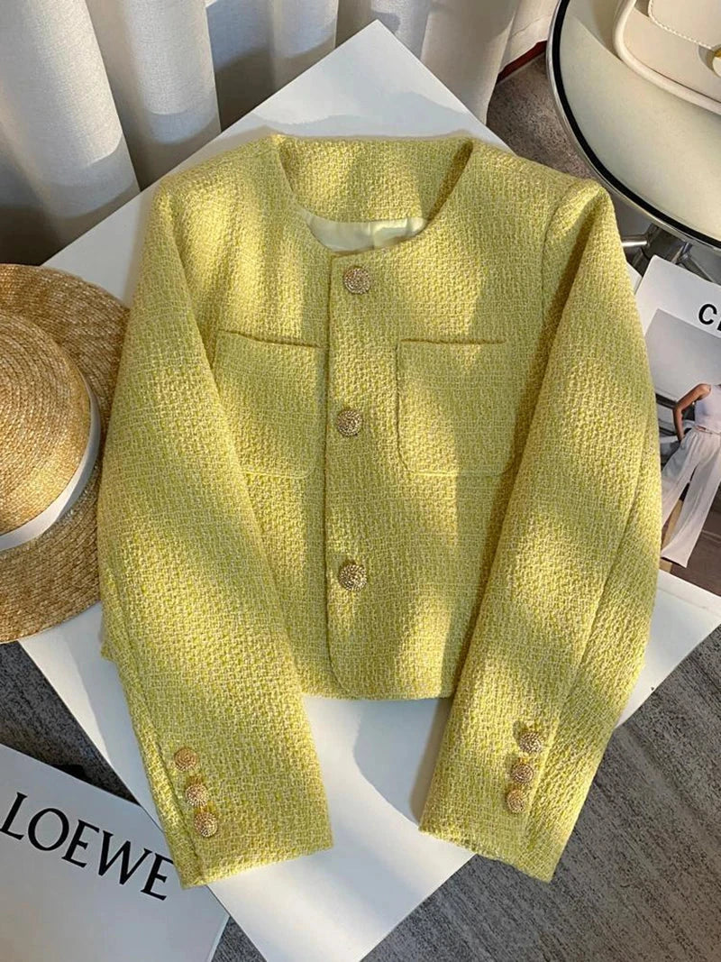 Yellow Sweet Tweed Jacket Women Elegant Retro Slim Long Sleeve Short Coat Korean O Neck Casual Fall Female Vintage Outwear voguable