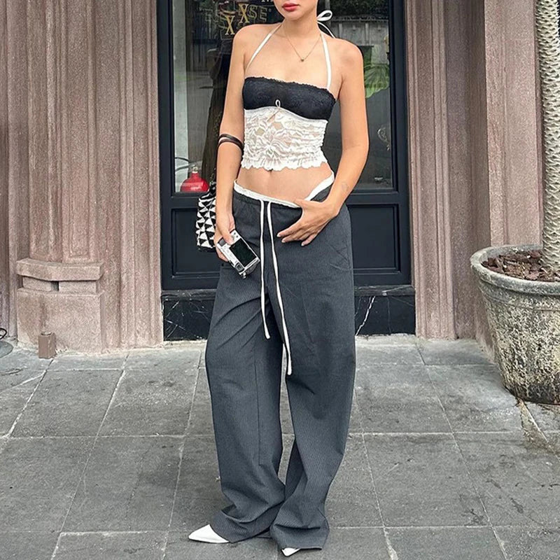 Voguable  Y2k Flower Lace Patchwork Trim Crop Top Female Fairycore Strappy Halter Sleeveless Backless Sexy Party Camisole with Bowknot voguable