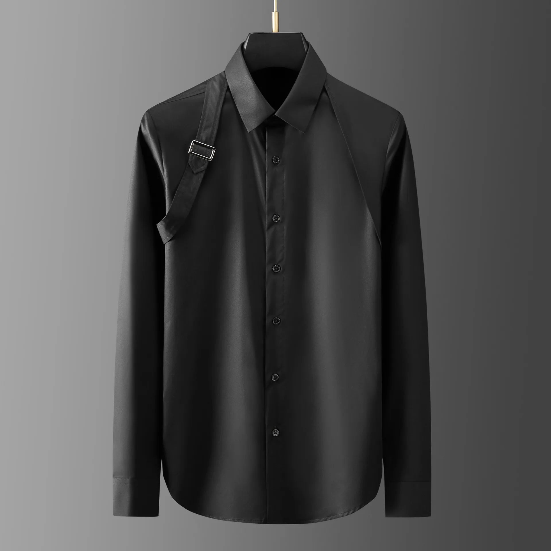 Luxury Men's Shirt Metal Buckle Ribbon Splicing Casual Social Shirts Long Sleeve Slim Fit Business Banquet Party Blouse Tops voguable