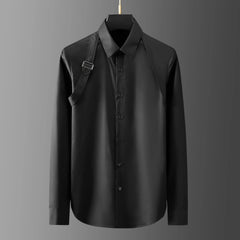 Luxury Men's Shirt Metal Buckle Ribbon Splicing Casual Social Shirts Long Sleeve Slim Fit Business Banquet Party Blouse Tops voguable