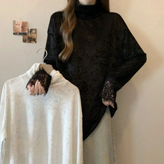 Korean Fashion Lace Women Clothing Turtleneck T-Shirts Bottoming Vintage Female Spring Autumn New Loose Casual Long Sleeve Tops voguable