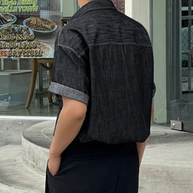 Voguable Men's Denim Shirt 2024 Summer New Loose Trend Versatile Lapel Short Sleeve Design Single Breasted Double Pockets Top voguable