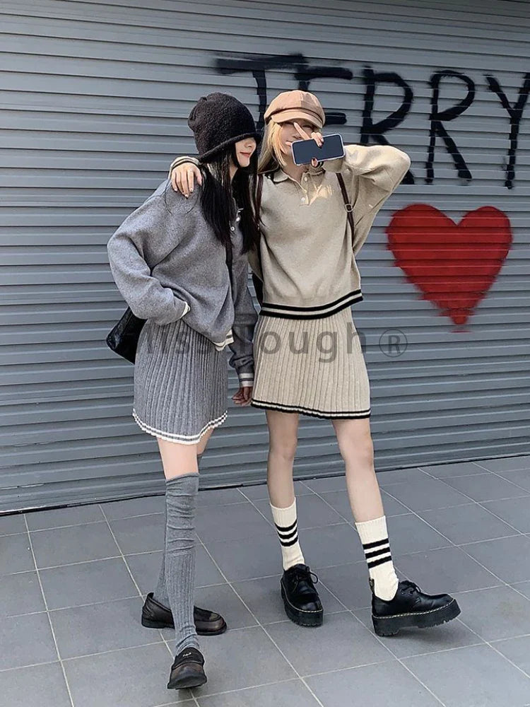 College Style Elegant Sweater Skirt Suit Women Fashion Polo Neck Tops + Pleated Mini Skirt Harajuku Knit Casual Two Piece Suit Pbong