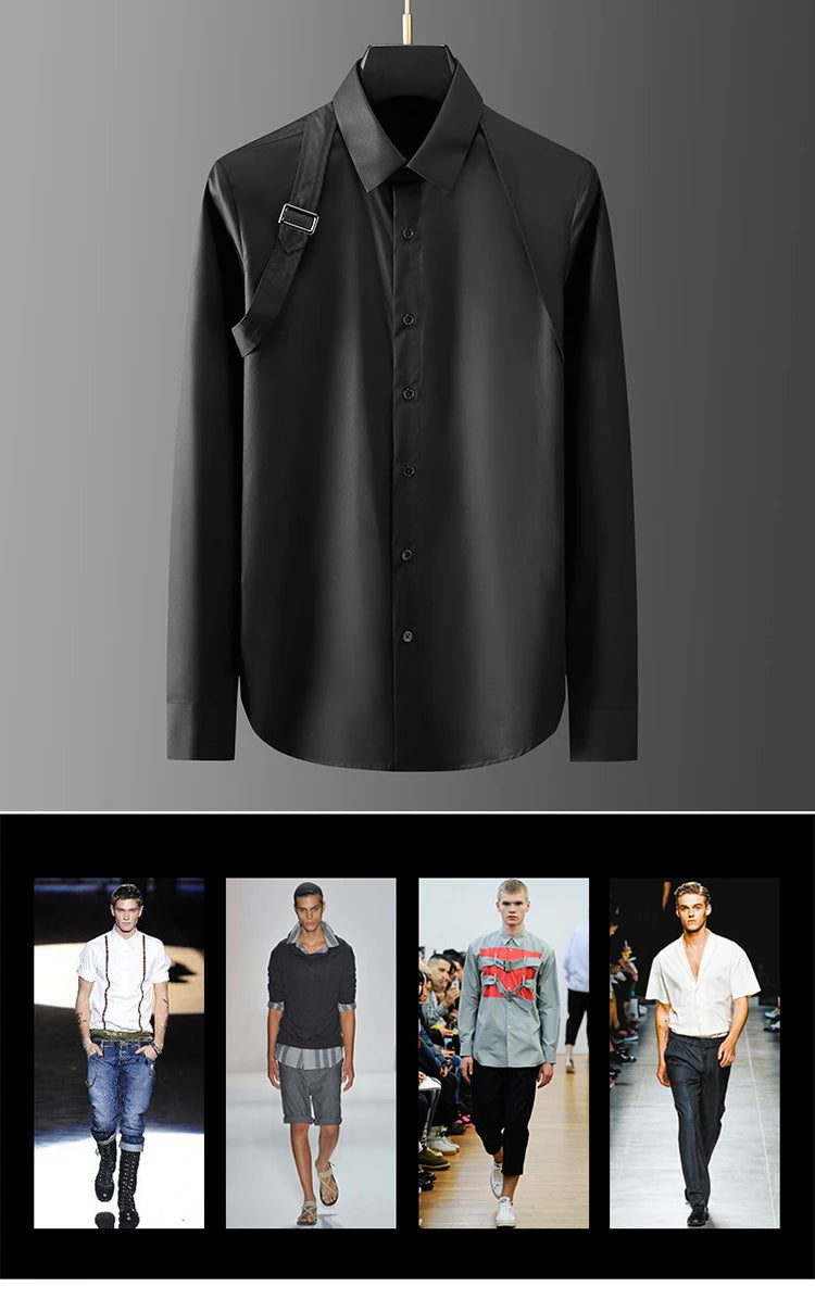 Luxury Men's Shirt Metal Buckle Ribbon Splicing Casual Social Shirts Long Sleeve Slim Fit Business Banquet Party Blouse Tops voguable