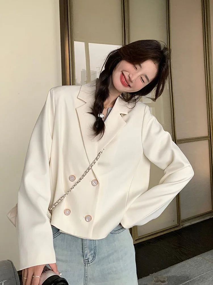 Elegant White Blazer Women Slim Long Sleeve Korean Sweet Suit Coat Casual Fashion Fall Double Breasted Female Chic Short Outwear voguable