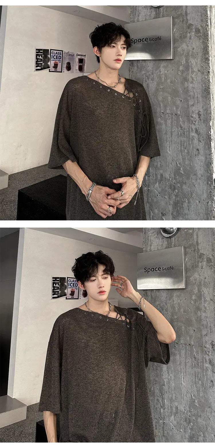 Korean Style Men's T-shirts Short Sleeve Casual Lace-up Design Solid Color Tees Hollow Out Loose Male Tops Summer 9W3719 voguable