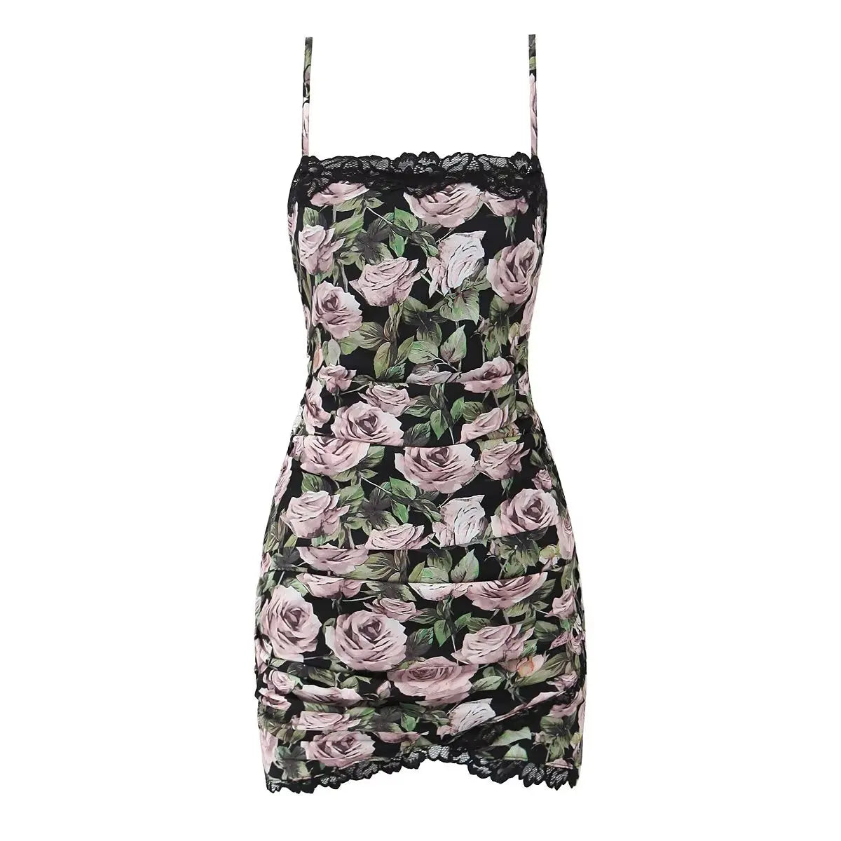 Lace Spliced Rose Flower Print Sling Bodycon Mini Dress Women Vintage Ruched Package Hip Sexy Dresses Summer Robe