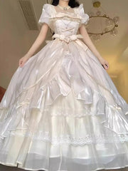 Voguable  Dophee Original Lolita Flower Wedding Evening Dress Women Champagne Color Princess Dress Elegant Short Sleeve Bride's Dress voguable