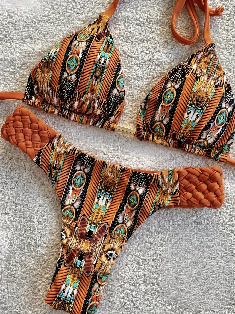 Voguable  New Weaving Bikini Set Women's print 2 Piece Swimsuit women sexy suspender Backless Beach Vacation Bathing Suit swimwear voguable