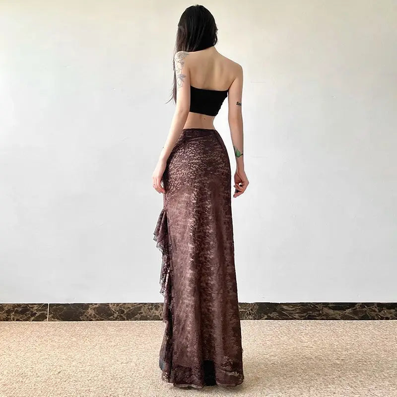 Design Sense Vintage Vintage Style Ruffled Cake Slit Skirt for Women voguable