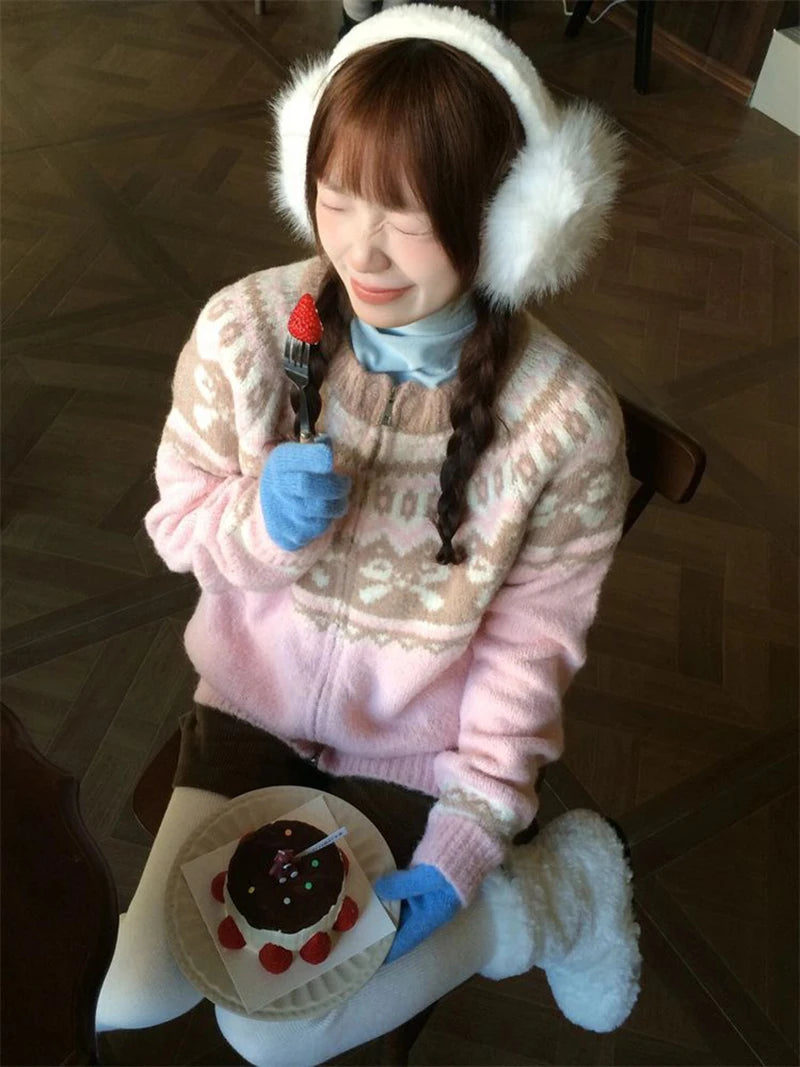 Vintage Print Knitted Cardigan Women Japanese Long Sleeve Sweater Outerwear Winter Aesthetic Pink Knitwear Korean Jumpers voguable