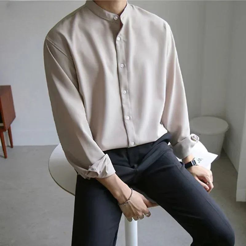 Men Spring Autumn Fashion Stand Collar Solid Shirts Men Long Sleeve Business Casual Shirts Male New Loose Blouses voguable
