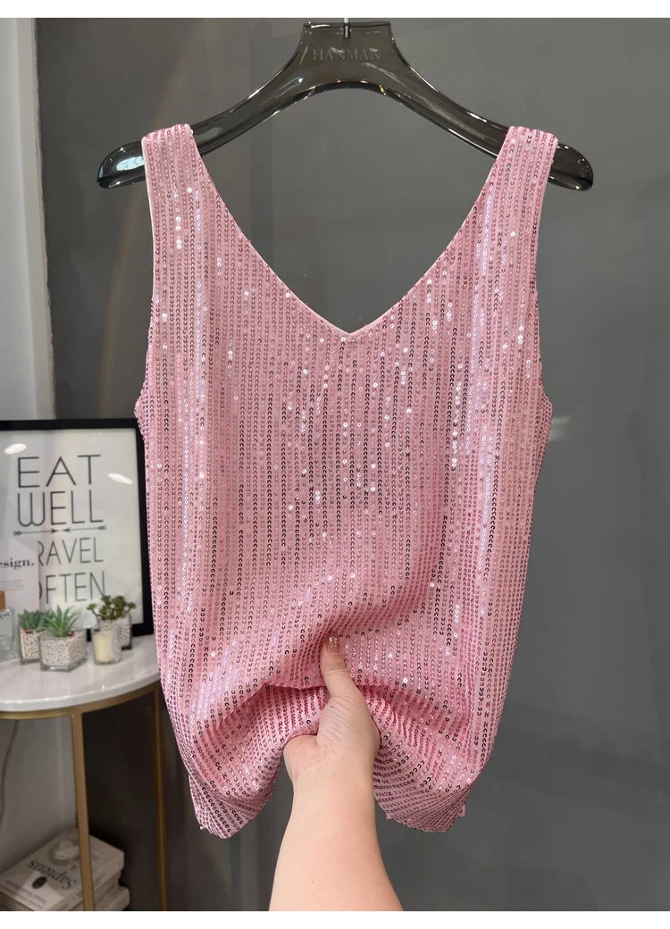 Voguable  New European and American Sequined V-neck Vest Worn Inside A Suit Bottoming Shirt and Worn Outside A Sparkling Top voguable