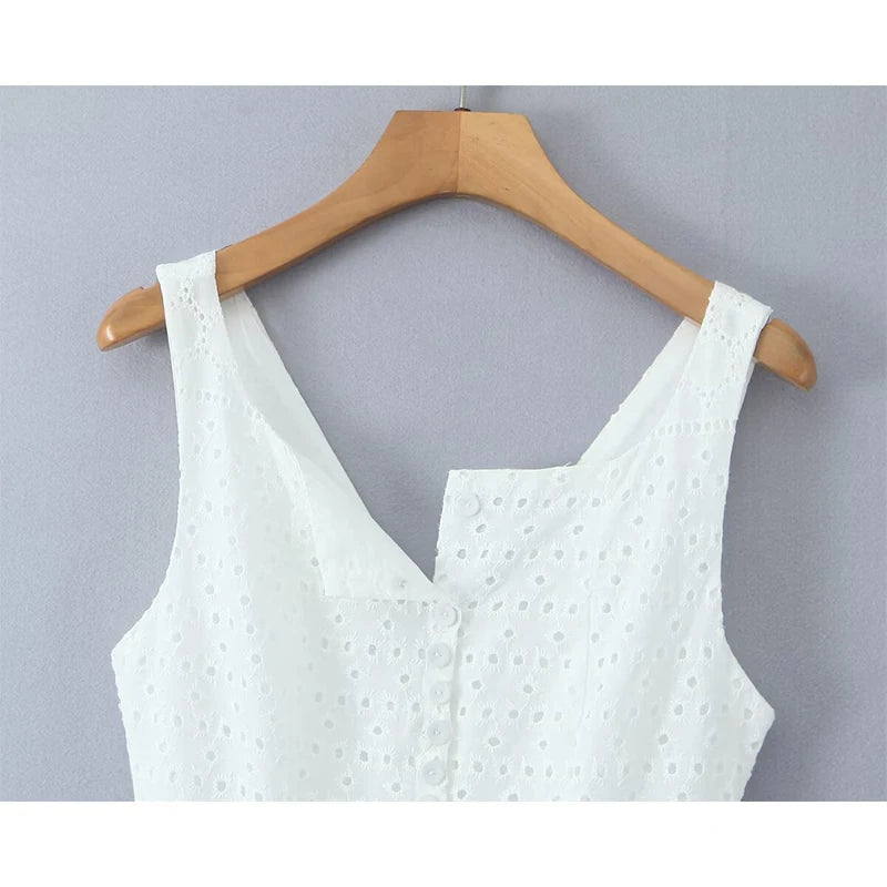 Front Button Hollow Out Embroidery White Tank Dress For Women Sleeveless Low Waist A-line Mini Holiday Summer Dresses voguable