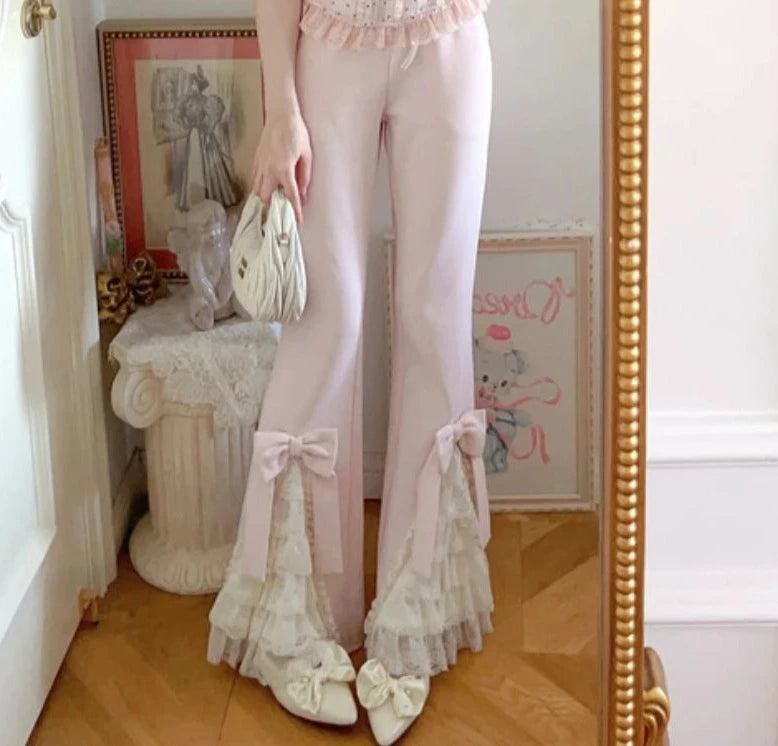 Voguable  Pink Sweet Lolita Style Pants Women Vintage Kawaii Bow Lace Ruffles Flared Pants Female Korean Elegant Casual Fairy Trousers voguable