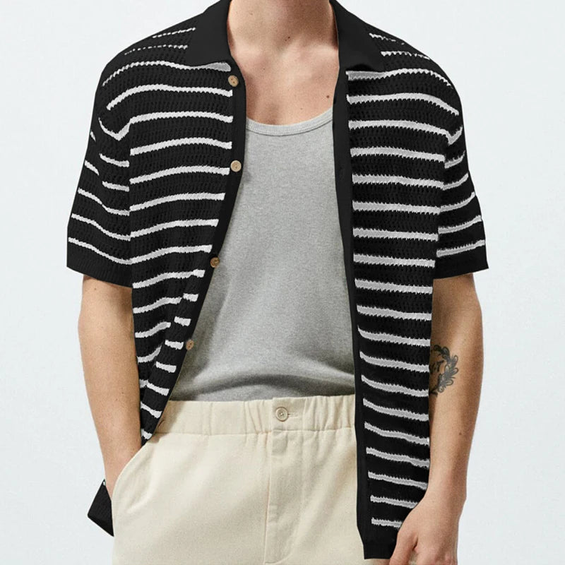 Men's Polo Shirt Light Luxury Knitted Clothing Popular Vintage Striped Short Sleeve Fashion Leisure Hollow Out Knitwear M-3XL voguable