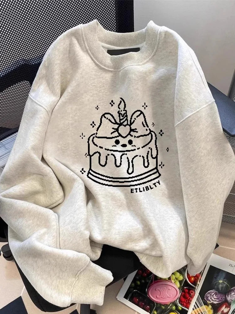 Cute Cake Print Sweatshirt Women Long Sleeve Loose Japan Kawaii Pullovers Fall Preppy Style O Neck Vintage Casual Sweet New Tops voguable