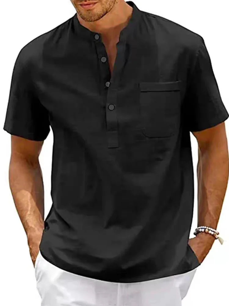 Voguable  Slim Fit Cotton Linen irt Men's f Open Collar ort Sve Breathable Workwear irt Henry Collar Smo Trendy Summer voguable
