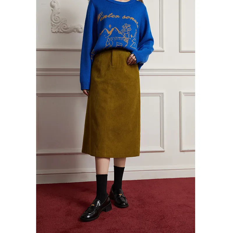 Corduroy Retro High Waist Skirt Women Autumn Winter Back Slit Commuter Casual Solid Color Length-option Female Skirts voguable