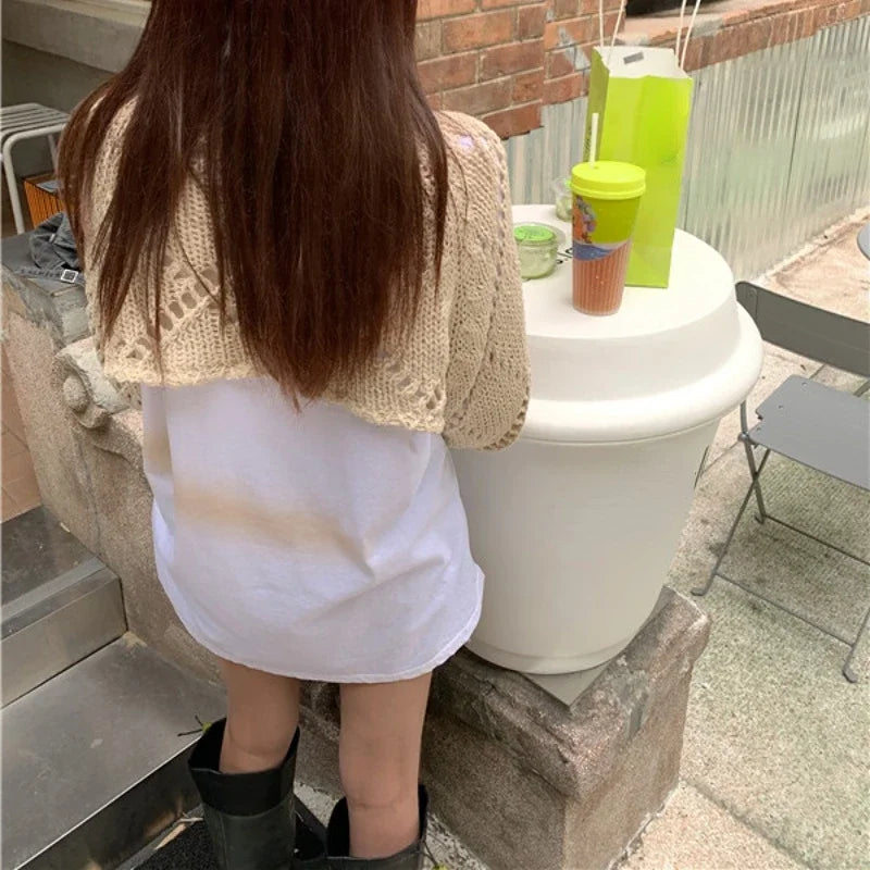 Voguable 2024 Summer New Letter Print Loose Casual Short Sleeve T-Shirt Women + Hollow Sunscreen Lace-Up Knit Sweater Two-piece Suit voguable