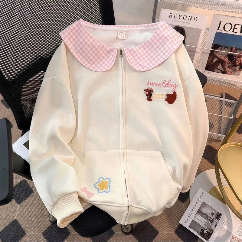 Cartoon Sweet Kawaii Hoodies Women Loose Cute Peter Pan Collar Sweatshirts Fall Preppy Style Long Sleeve New Embroidery Top voguable