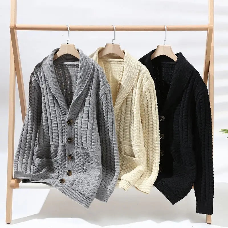 Korean Version Retro Hand-woven Twisted Twisted Sweater Men's Spring Autumn Thickened Sweater Lapel Cardigan Trendy Jacket Chic voguable