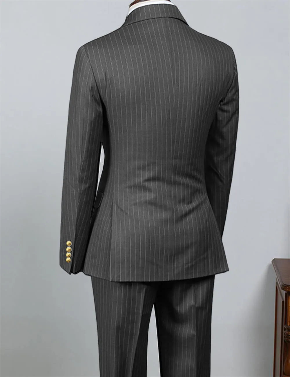 Voguable  2 Piece Black Striped Men's Suit Set Golden double breasted Lapel Jacket Elastic Pants Wedding Part Prom Dinner Wrok Travel voguable